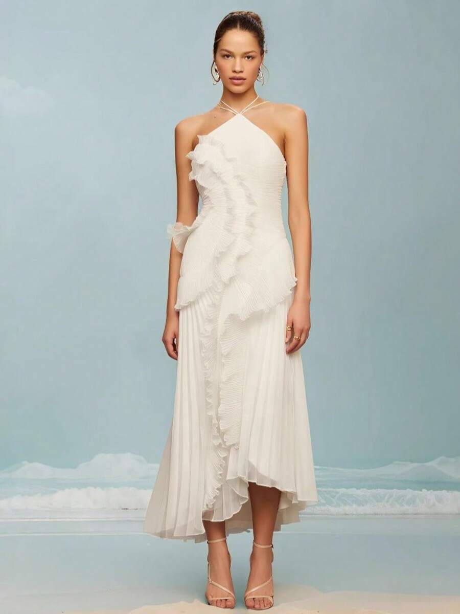 Nuevo vestido de verano con cuello halter sin mangas, encaje irregular y abertura, con sensación de alta gama para mujer - Blanco - Ver 1