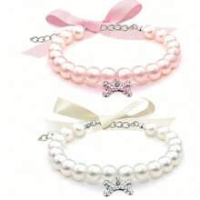 1/2pcs Pearl Necklace With Rhinestone Bone Decoration, (Recommend Measuring Pet Neck Size Before Ordering) Suitable For Cats And Dogs, Fashionable Cat Wedding Collar Accessory, Suitable For Girls, Cats, Small And Medium Dogs - Multicolor - View 4