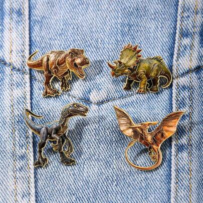 1PC Realistic Dinosaur Enamel Pin- Featuring T-Rex, Triceratops, Velociraptor & Pterodactyl With Gradient Texture, Metal Base & Gold Outline, Metal Lapel Brooches For Dinosaur Lovers & Paleontology Fans, Daily Wear Or Gifting, Bold Prehistoric-Themed Fashion Accessory