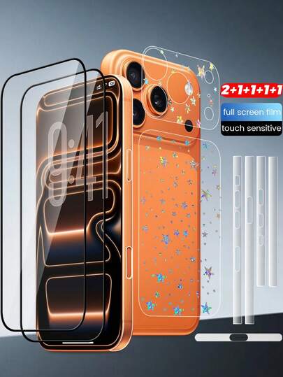 For IPhone 17 Pro Max/17 Pro, 2-Pack High Definition Screen Protector, Anti-Scratch & Anti-Shock + Charging Port, Earpiece Dust Protector + Colorful Laser Heart Screen Protector, No Impact On Cases, Minimalist & Fashionable + Camera Lens Protector + Ultra-Thin Transparent Frame Screen Protector, Anti-Scratch