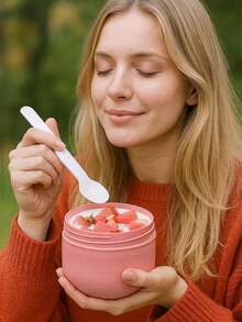 Leak-Proof Breakfast Food Container - Oatmeal & Yogurt Cup With Silicone Handle & Spoon, Suitable For School, Office, Travel, Picnic - Multicolor - View 7