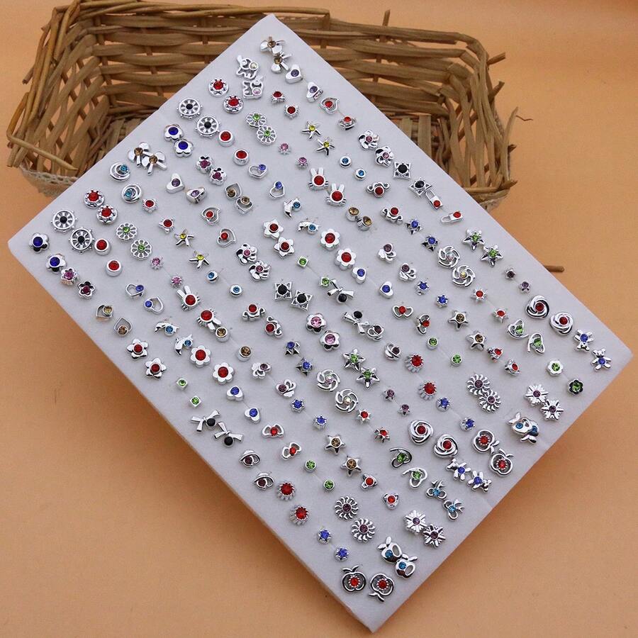 100 Pairs Assorted Fashion Rhinestone Plastic Stud Earrings Set, Minimalist Versatile Silver Color, Sponge Packaging Without Box - Silver Colored Diamonds Without Box - View 1