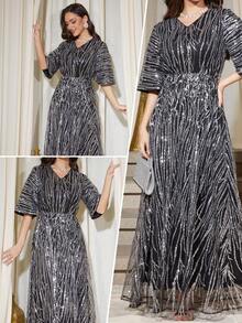 女士V领亮片长款派对礼服和及地A字型舞会礼服 - 黑色 - 查看 3