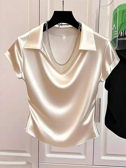 Áo nữ dáng suông thanh lịch, tay ngắn, màu trơn, cổ polo, chất liệu satin mềm mại, thích hợp cho mùa xuân hè.