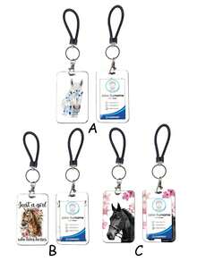 1pc ABS Black Rope Flower & Horse Head Pattern Fashion Personalized Cartoon Pull-Type Card Clip Keychain Bag Pendant, Student Wristband Card Clip, Women Student Card Clip, ID Bus Protection Case, Student Campus Card Protection Case - Rectangle - View 1