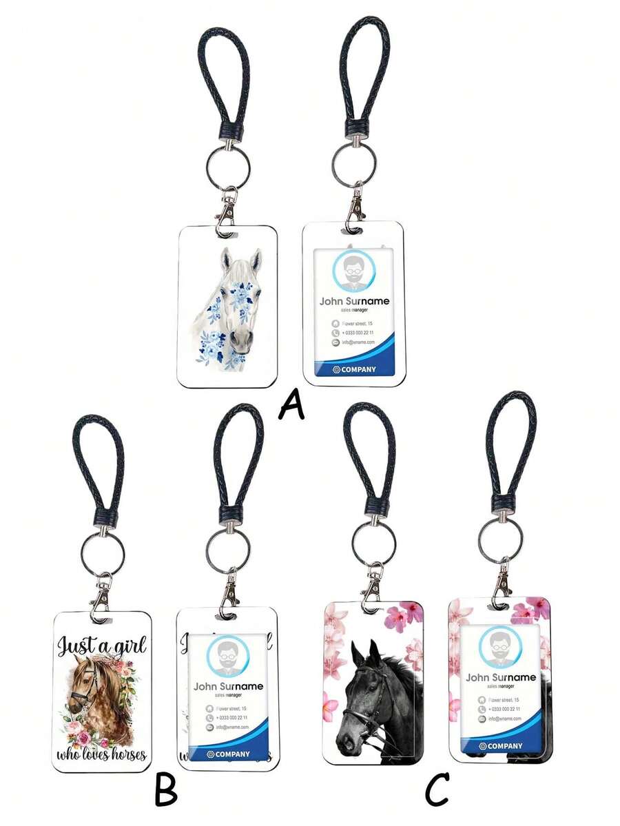1pc ABS Black Rope Flower & Horse Head Pattern Fashion Personalized Cartoon Pull-Type Card Clip Keychain Bag Pendant, Student Wristband Card Clip, Women Student Card Clip, ID Bus Protection Case, Student Campus Card Protection Case - Rectangle - View 1