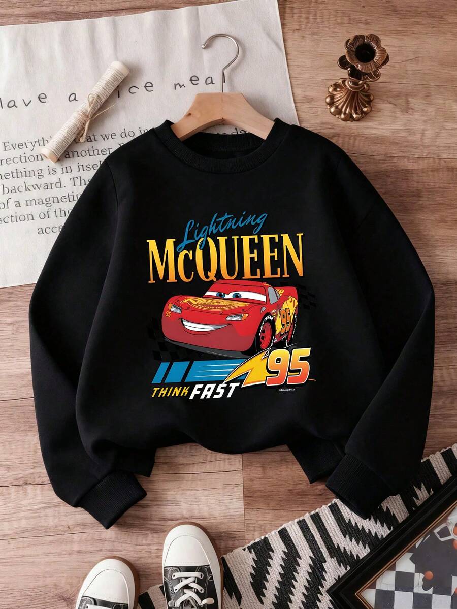 Disney Official Licensed Lightning McQueen Racing Themed Print Boys Casual Style Sweatshirt Soft Comfortable Easy To Wear Ideal For Daily Casual Outings School Days & Weekend Relaxation - màu đen - Xem 1