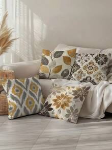 Set Of 4, Brown Abstract Geometric Leaf Pattern Cushion Covers, Made Of 100% Polyester With Single-Sided Printing, Contemporary Style (17.71''X17.71''/45Cm*45Cm) For Living Room, Bedroom, Sofa, And Chair Home Decor - Camel - View 8