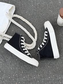 Giày vải đen, Giày nữ, Giày thể thao, Giày nam, Giày vải, Phong cách Xuân/Thu, Phiên bản Hàn Quốc, Giày thể thao buộc dây thời trang tối giản, Giày vải cổ cao cổ điển, Giày trượt thể thao đa năng thường ngày - màu đen - Xem 3