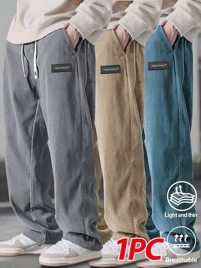男士休闲灯芯绒裤，纯色，带抽绳和口袋，透气舒适，适合日常休闲穿着和度假