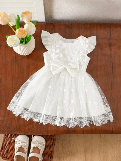 Đầm công chúa tay bồng mùa hè cho bé gái, kiểu dáng cổ tích ngọt ngào với phần thân trên phồng bằng ren lưới gân, trang trí nơ, rộng rãi và thoải mái, thoáng khí, thích hợp cho tiệc sinh nhật, chụp ảnh, mặc hàng ngày.