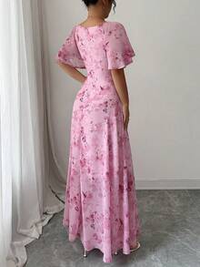 Summer Butterfly Print Mini Dress - Women's Chiffon Pleated Hem French Sweet Style - 粉色 - 查看 2