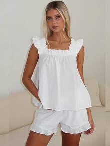 Awevudst Women's Summer 2Piece Outfits Loungewear Set Ruffle Hem Flying Sleeve Loose Tank Top + Elastic Waist Ruffle Shorts Casual Homewear Vocation Beachwear Y2K Streetwear - 白色 - 查看 8