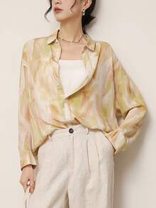 YUXIN Women's Watercolor Print Silk Blouse - Loose Collar Long Sleeve, Breathable And Flowy, Versatile Work And Date Casual Top, Creating An Elegant And Relaxed Look, Spring/Summer - Yellow - View 5