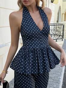 Bộ đồ 2 mảnh HUACAITA Y2K chấm bi ngọt ngào cổ yếm, áo crop top hở lưng cổ chữ V sâu với viền bèo nhún + quần ống rộng ôm dáng, trang phục 2 mảnh thời trang mùa hè. - Màu xanh hải quân - Xem 6