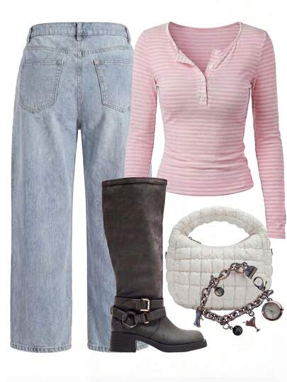 Top à manches longues col rond décontracté avec rayures contrastées crème et blanches, pièce polyvalente pour le layering pour femmes