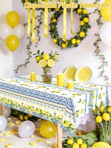 1 pieza Mantel desechable de limón - 137x183cm Cubierta de mesa rectangular con patrón geométrico azul de PE, adecuado para bodas, fiestas, cumpleaños, despedida de soltera, graduación, bautizo, banquetes, fiesta de primavera y verano, decoración del hogar, accesorios de cocina - Multicolor - Ver 11