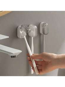 1/2个免钻孔牙刷架，浴室壁挂式收纳架，防尘透明盖牙刷挂钩，浴室梳妆台收纳挂钩，简约风格牙刷整理器，家用粘性牙刷挂架 - 彩色 - 查看 2