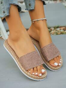 女士仿亚麻绳底简约单带露趾平底凉鞋，棕色和粉色，度假风休闲沙滩拖鞋，夏季日常穿着 - 棕色粉紅 - 查看 5