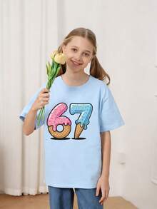 T-shirt imprimé << 67 » motif glace pour préadolescentes, en tissu doux et confortable, haut d'été à la mode, idéal au quotidien, pour un look streetwear ou pour l'école. - Bleu ciel - Voir 2