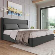 Upholstered Double Bed (160x200 Cm) With Adjustable Headrest. Hydraulic Bed Frame With Storage, Linen Upholstery, Metal Fittings. Grey (Mattress Not Included) - Grey - View 6