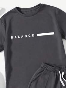 2pcs/Set Boys' Letter Print Round Neck Short Sleeve T-Shirt And Drawstring Waist Shorts Casual Outfit - Dark Grey - View 4