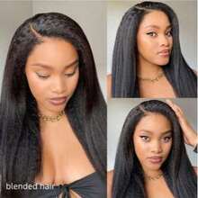 180% Density Kinky Straight Wig Human Blended Hair 13x4 HD Lace Front Wigs Human Blended Hair Wigs For Women Yaki Straight Human Blended Hair Wig Glueless Frontal Wigs Human Blended Hair Pre Plucked Wig 8-36inch Natural Black - Natural & Black - View 5
