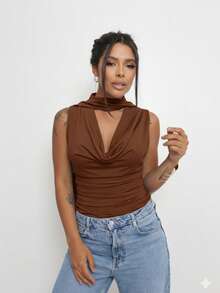 Women's Blouse With Simple Draped Cowl Neck, Suplex Knit, Night/Daily Wear - Rỉ Nâu - Xem 4