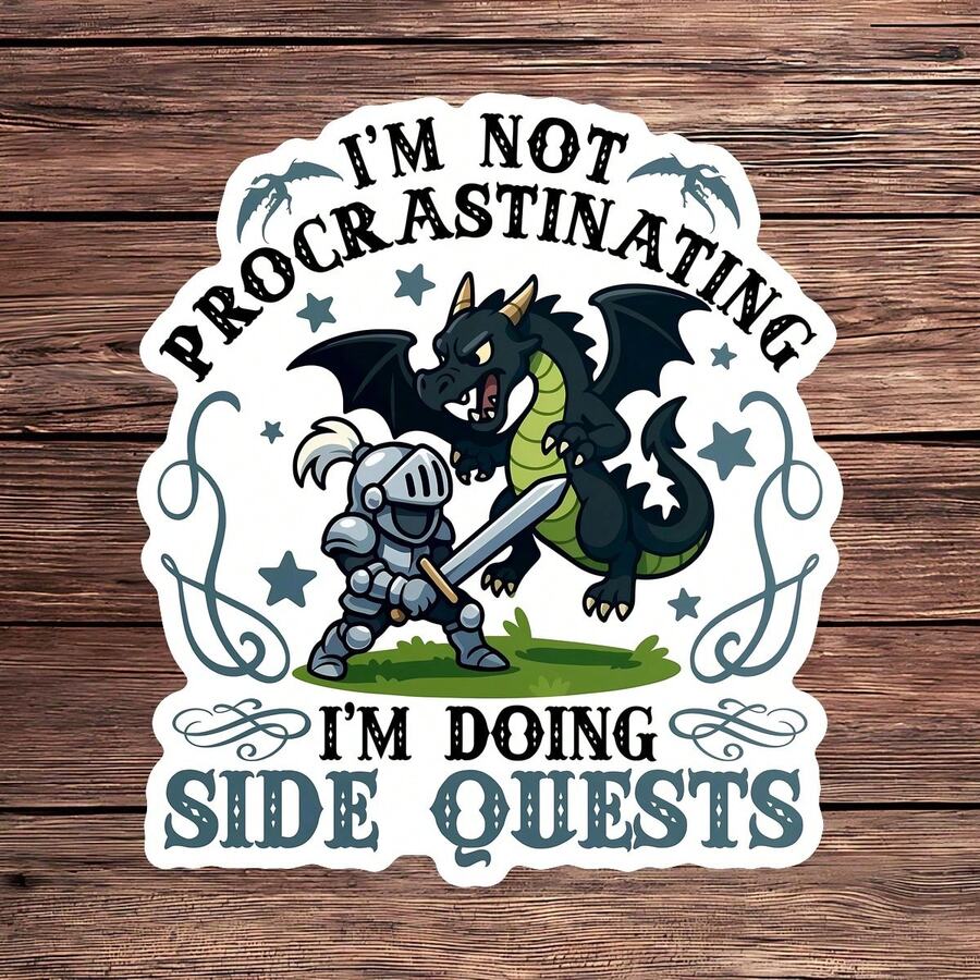 1 pieza Pegatina "Haciendo misiones secundarias", pegatina de portátil de caballero de dragón divertida, meme de juegos de vinilo, regalo de procrastinación, pegatina resistente al agua y despegable para botella de agua, pegatina de vaso de fantasía de dragón, vinilo de cuaderno de jugador, regalo perfecto para fans de RPG, pegatina de coche de caballero linda - S1945 - Ver 1