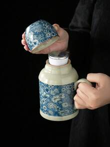 1 套灰白色裂纹陶瓷茶壶，带 1 个杯子和 1 个盖子，复古小型保温茶壶，陶瓷浸泡茶壶，办公室水杯，适合送礼或居家使用 - 彩色 - 查看 11