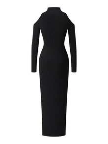 EARO Women's Fashionable Sexy High Slit Bodycon Off-Shoulder Stand Collar Dress, Spring/Autumn, New American Chic Casual Elegant Stretchy Fitted Slim Dress - Black - View 3