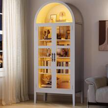 Despensa de cocina alta y arqueada con luces LED, moderna estantería arqueada de madera con puertas de vidrio y estantes ajustables, elegante vitrina para cocina, comedor y sala de estar. - Blanco - Ver 5