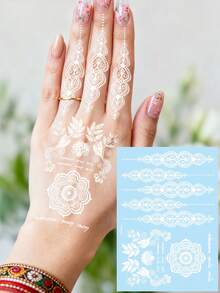 STARTTOOS 白色蕾丝海娜曼陀罗花 - 曼海蒂临时纹身贴纸，DIY白色婚礼、闪亮音乐节、狂欢节、情人节、派对节日礼物，适用于手腕、脚踝、肩膀、脖子、锁骨等小面积身体部位 - 白色 - 查看 13