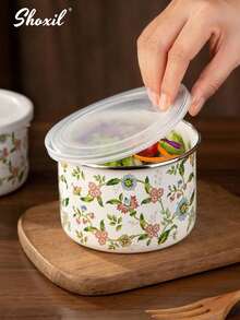 shoxil 5件套带盖嵌套式储物碗套装，搅拌碗套装，花鸟印花珐琅沙拉蔬菜水果备料碗，金属备料碗，适用于烘焙、准备、烹饪和盛放食物，适合家庭/聚会/餐厅/露营/野餐 - 碗 - 查看 4