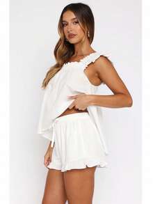 Awevudst Women's Summer 2Piece Outfits Loungewear Set Ruffle Hem Flying Sleeve Loose Tank Top + Elastic Waist Ruffle Shorts Casual Homewear Vocation Beachwear Y2K Streetwear - 白色 - 查看 2