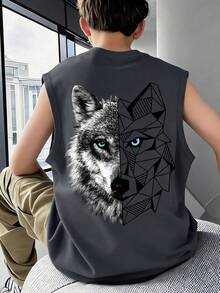 青少年男童街头风无袖T恤，狼头图案，几何元素点缀，宽松背心，适合滑板、周末休闲、街头风、日常休闲穿着 - 深灰色 - 查看 7