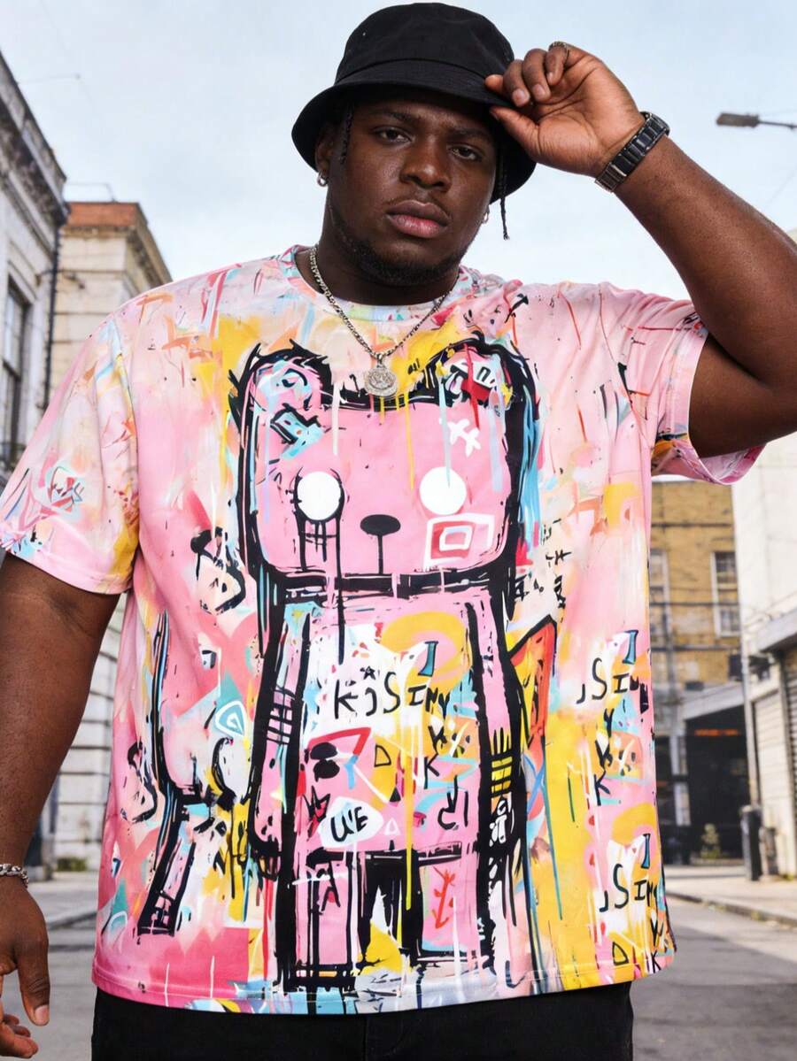 彩色涂鸦印花加大码男式短袖 T 恤，时尚休闲嘻哈圆领 T 恤，街头服饰 - 彩色 - 查看 1