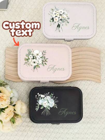 1pc Customize Pink & Black & White Faux Leather Jewelry Box With White Flower Pattern,Personalized Name Engraved, Ideal For Rings, Necklaces & Earrings, Snap Closure, Best Gift For Mother'S Day & Birthdays, Jewelry Organizer,Faux Leather Exterior, Jewelry Box,Home Essentials,Bride Stuff,Personalized Gifts