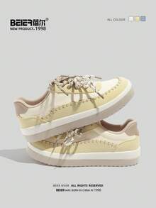 BEIER Casual New Fashion Versatile Leather Casual Shoes, Women Round Toe Flat Lace-Up Sneakers - Yellow - View 2