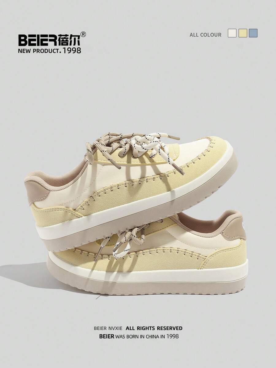 BEIER Casual New Fashion Versatile Leather Casual Shoes, Women Round Toe Flat Lace-Up Sneakers