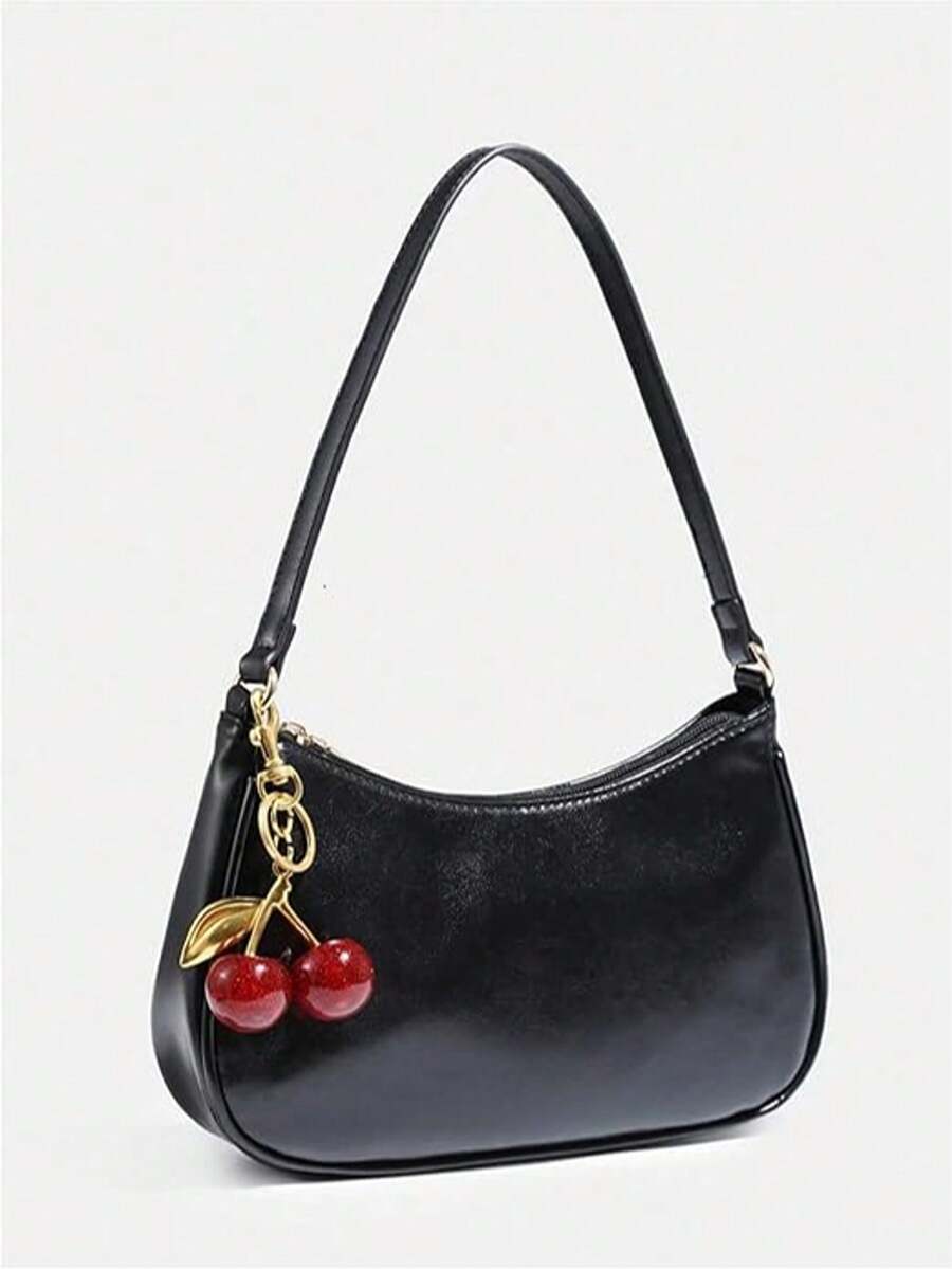 Black Patent Leather Crescent Hobo Bag With Glitter Cherry Charm, Retro Underarm Shoulder Purse, Elegant Y2K-Inspired Handbag For Daily And Night Out - 黑色 - 查看 1