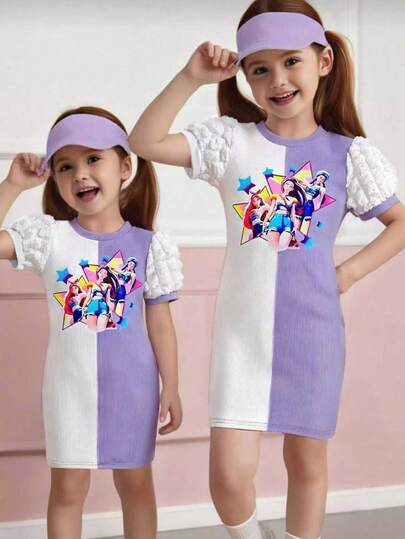 4-7 Years Old Girls' Printed Dress, Contrast Color Puff Sleeve Patchwork, Delicate Cartoon Pattern Print, Suitable For Party, Family Outing, Casual Outdoor, Beach Holiday, Daily Wear
