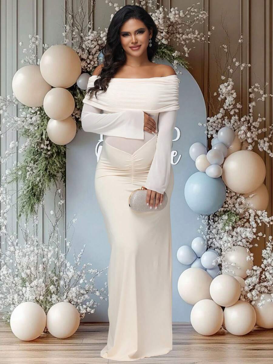 JustVH Maternity Colorblock Mesh Off-Shoulder Dress, Ruched Fishtail Hem, Suitable For Baby Shower, Elegant Stretchy Dress For Photoshoot Spring Fall - Beige - View 1