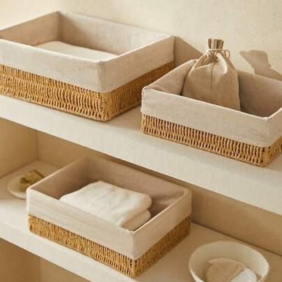 1pc Handmade Woven Storage Basket - Handmade Rectangular Rattan Storage Basket, Decorative Rattan Storage Rack For The Bathroom, Suitable For Wardrobes, Bathrooms, Shelves And Living Rooms, Perfectly Matching Any Bathroom Decoration Style. Khaki-Colored Decorative Storage Box, Home Decoration Item.