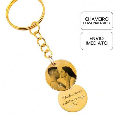 Chaveiro Medalha Personalizado Banhado A Prata Ouro 18K Dourado Com Foto Frase Presente Casal