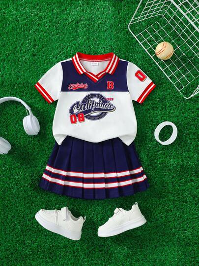 两件套幼儿夏季运动套装，V领短袖棒球T恤+百褶裙，休闲装