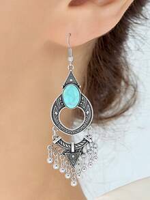 一对波西米亚风仿绿松石几何耳环，适合女性日常佩戴和作为礼物 - 復古銀色 - 查看 2