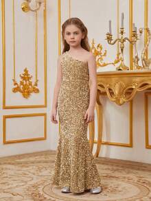 Vestido de fiesta de lentejuelas con un hombro y espalda abierta para niña preadolescente de estilo sirena - Champán - Ver 4