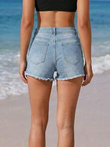 女式弹力个性时尚磨边牛仔短裤 - 淺色水洗藍 - 查看 3