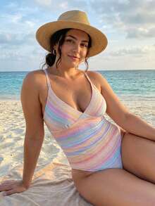 Cross Backless Deep V Push Up Adjustable Thin Straps One-Piece Swimsuit, Ruched Tummy Control Slimming, Rainbow Gradient Stripe Plus Size Swimwear - 彩色 - 查看 1